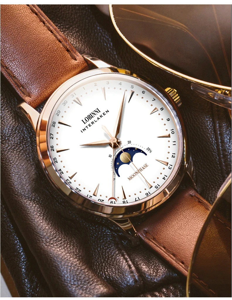 Швейцария LOBINNI мужские часы люксовый бренд Moon Phase авто механические мужские часы Сапфировая кожа relogio masculino L16012-1