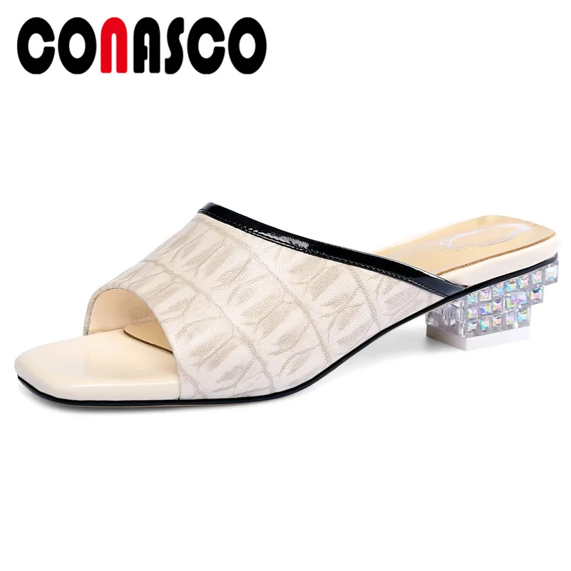 

CONASCO Concise Elegant Square Toe Strange Style Women Sandals Sheepskin Slip On Shallow Party Summer Casual Basic Shoes Woman