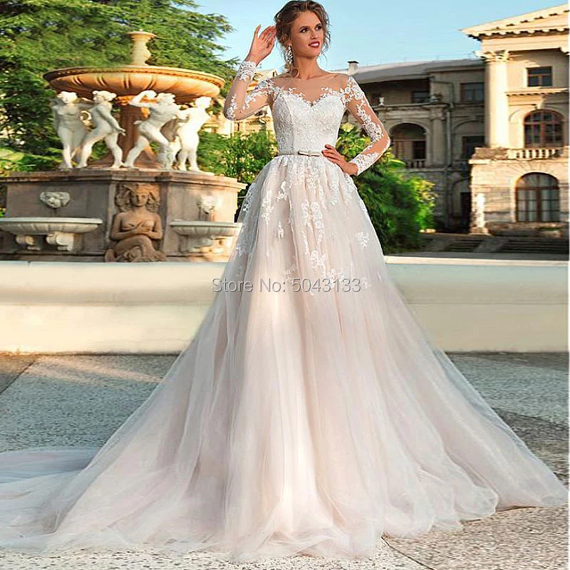 

Sexy Illusion Scoop Neck lace Applique Long Sleeve Wedding Dresses 2019 A Line Formal Wedding Bridal Dress with Sash Corset Back