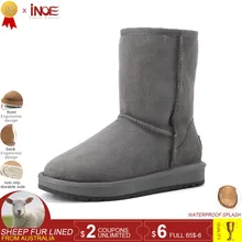 INOE real sheepskin leather man suede winter snow boots for men wool fur lined winter shoes high quality brown black gray 33-44