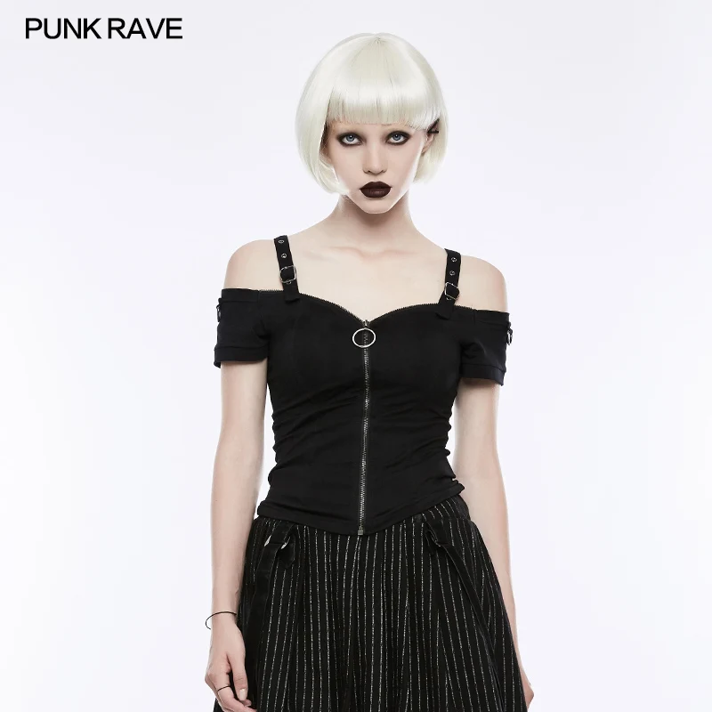 

PUNK RAVE Women Fashion Off Shoulder Cotton T-shirt Casual Short Sleeve Zipper Women Punk T-shirt Tops Gothic Black Tops Shirt