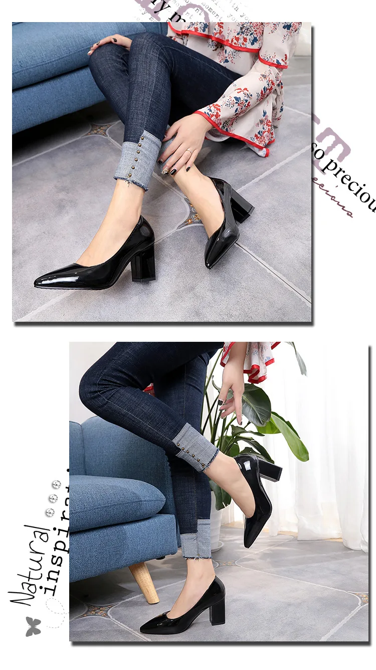 New Women Pumps Black High heels 7.5cm Lady Patent leather Thick with Autumn Pointed Single Shoes Female Sandals Big 33-43