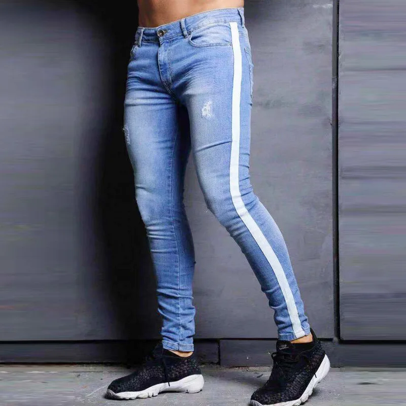 

Jeans Men Fashion Streetwear Men's Hip Hop Jeans Side Striped Black /blue Skinny Destroyed Ripped Jeans Punk Pants Homme