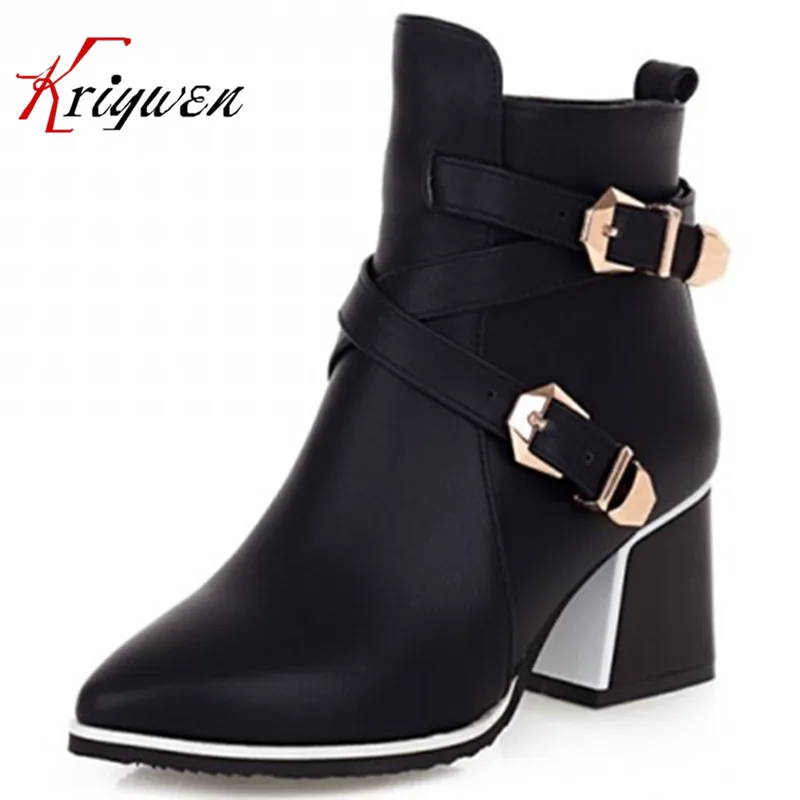 

2015 Autumn spring Women Chunky Motorcycle boots PU leather Shoes Pointed Toe Short Booties thick high heels work Ankle Boots