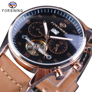 

Forsining Calendar Tourbillion Display Brown Genuine Leather Belt Automatic Movement Men Top Brand Luxury Mechanical Wrist Watch