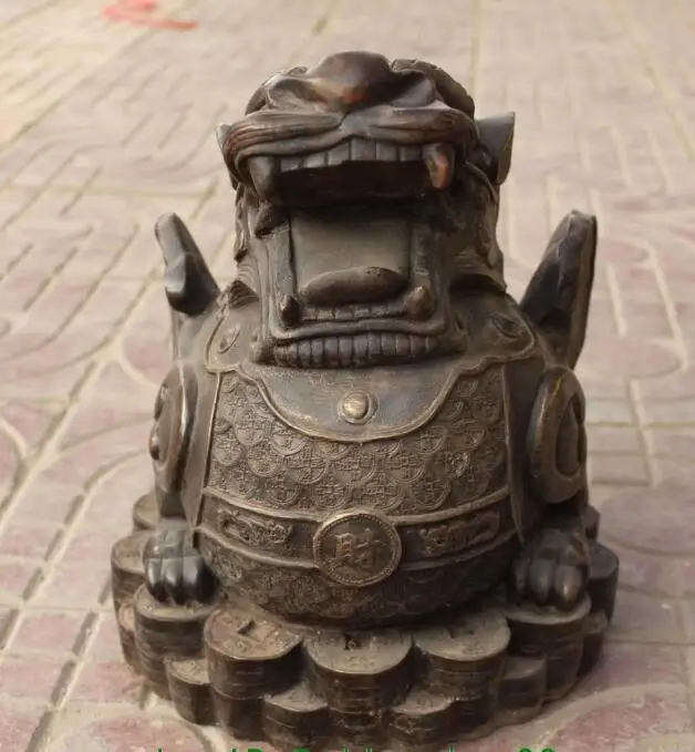 

S00288 12" Chinese Bronze Wealth Money Fly Guardian Beast Pixiu Chi-lin Unicorn Statue B0403