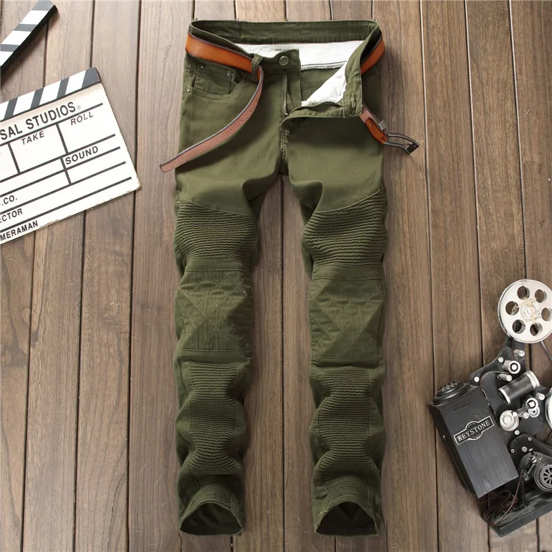

Men Jeans Stretch Skinny Green Pleated Washed Casual Solid Men Denim Jeans Biker Straight Slim Retro Male Denim Pants Fashion