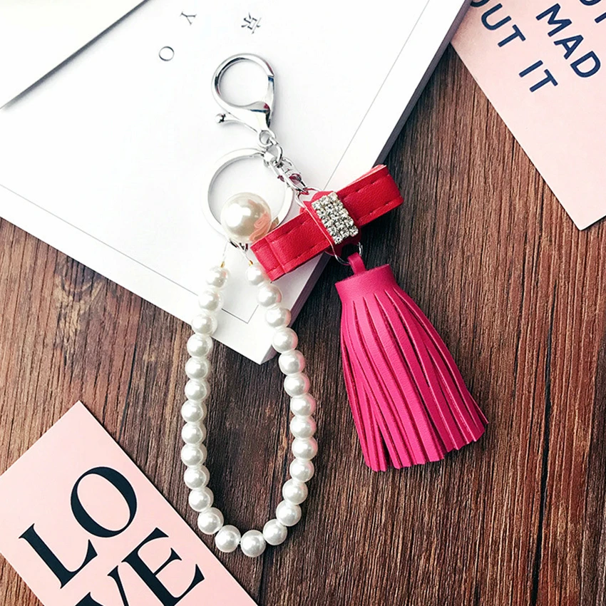 Pearl Keychain For Women Crystal Tassel Leather key chain Keyring porte