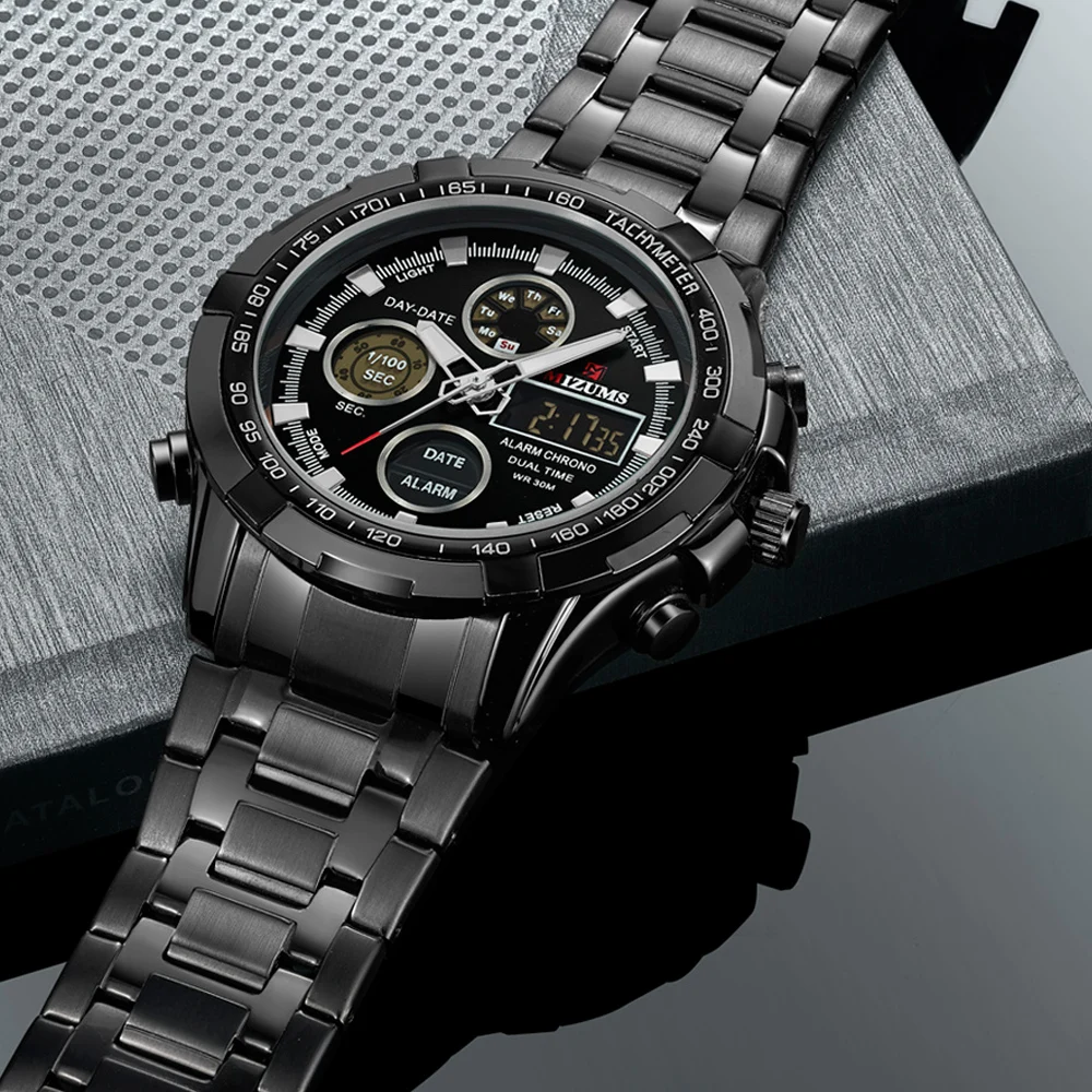 Fashion Brand Men Sports Watches with gold stainless steel band Digital Analog Watch Army Military Waterproof Male LED Clock Relogio Masculino mizums (22)