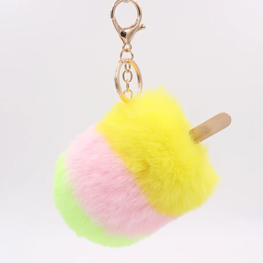 

Marcats Fluffy Tricolor Ice Cream Real Rabbit Fur Ball Keychain Bag Toy Charm Key Chain Car Key ring keychains for Women Jewelr