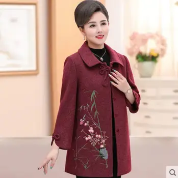 

2019 new autumn Mother Woolen coat fashion Middle-aged women Flower embroidery long sleeve Plus size 5XL elegant Outerwear w731