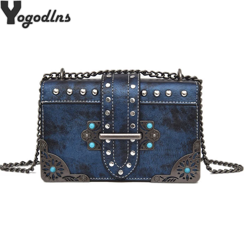 

Fashion Simple Small Square bag Women's Designer Handbag 2019 High-quality PU leather Rivet Chain Shoulder bag Metal hollow