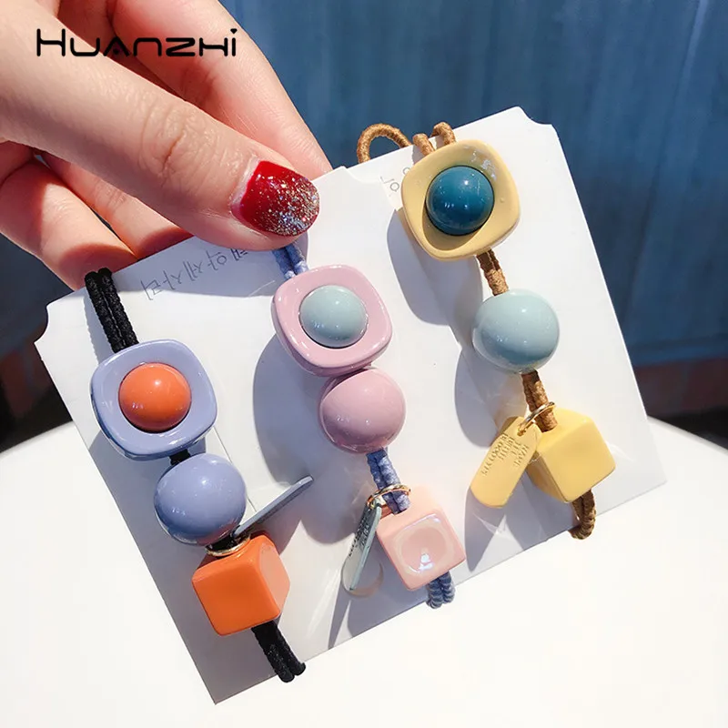 

HUANZHI Colorful Geometric Resin Rubber Band Hair Ring Sweet Cute Square Hair Bands Hair Rope Elastic Hair Accessories for Women
