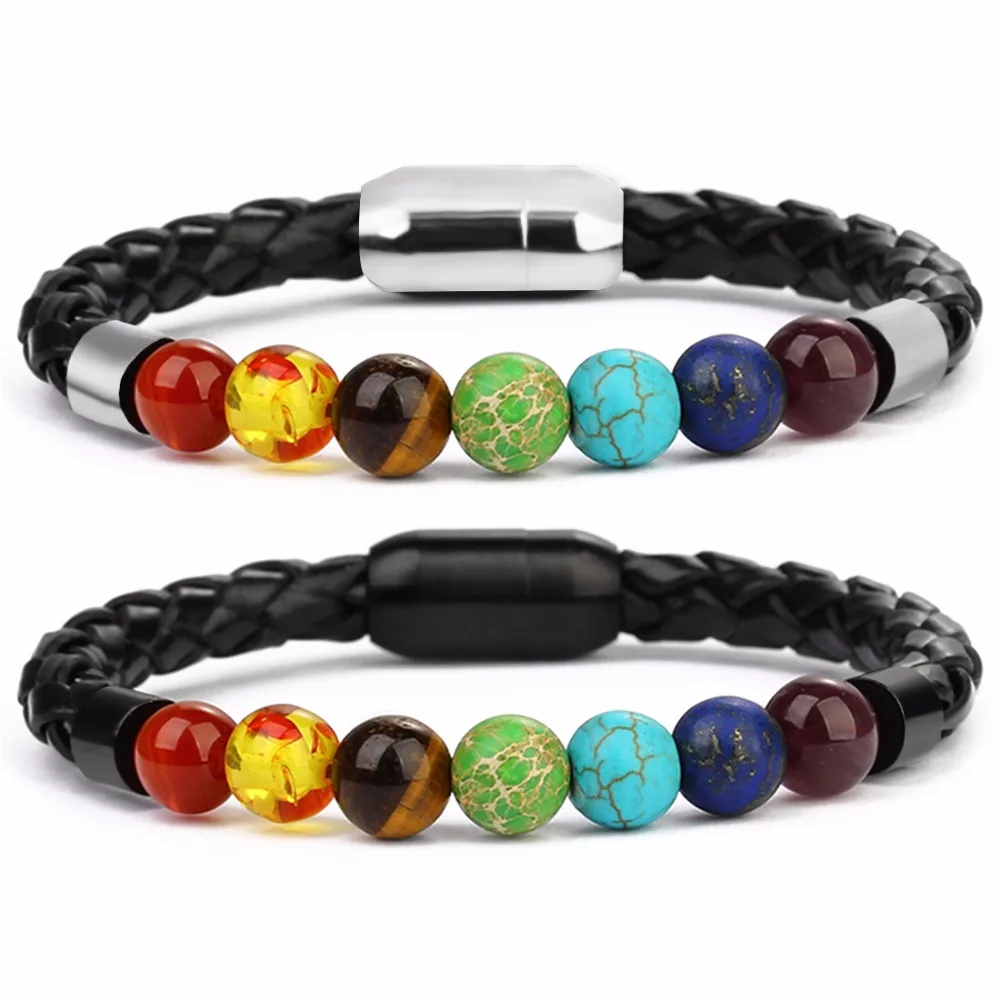 

Louleur New 7 Chakra Bracelet Men Black Leather Stainless Steel Buckle Balance Beads Natural Stone Yoga Bracelets For Women Men