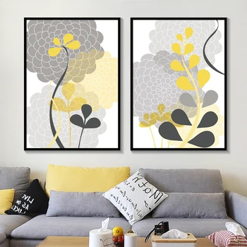 

Nordic Abstract Style Yellow Leaves And Gray Flowers Posters Home Decor Canvas Painting Print Wall Picture for Living Room