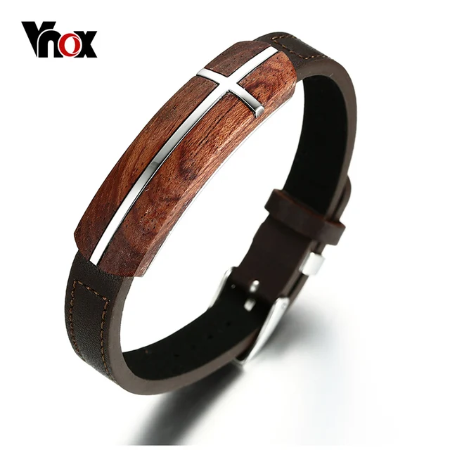 Vnox Retro Rosewood Genuine Leather Bracelet For Men Real Wood Vnox Retro Rosewood Genuine Leather Bracelet For Men Real Wood Wooden Top Quality Business Style