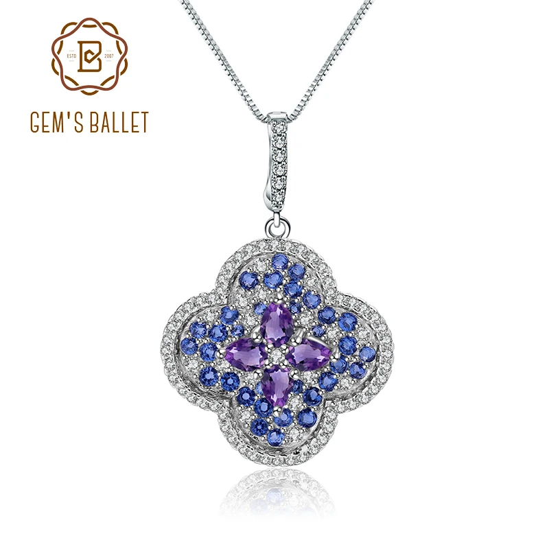

GEM'S BALLET Pure 925 Sterling Silver Flower Necklace for Women 0.68Ct Natural Purple Amethyst Gemstone Pendant Fine Jewelry