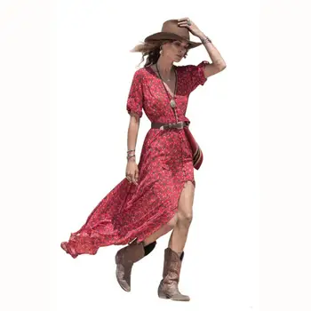 

Women Summer V Neck Vintage Boho Long Maxi Floral National Chiffon Dress Party Beach Dress Floral Sundress #Zero