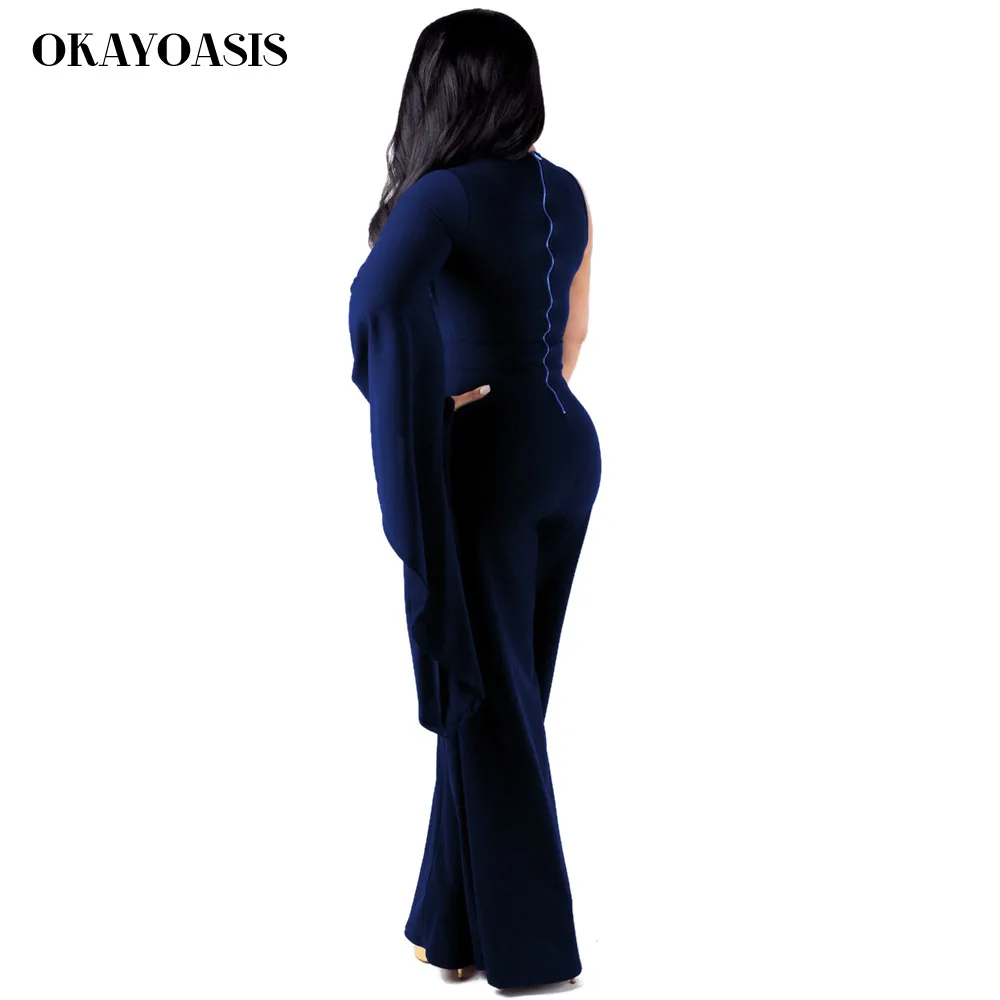 OKAYOASIS новые женские Комбинезоны на одно плечо комбинезоны с расклешенными рукавами широкие брюки комбинезоны для вечеринок, клубов женские Комбинезоны на молнии сзади