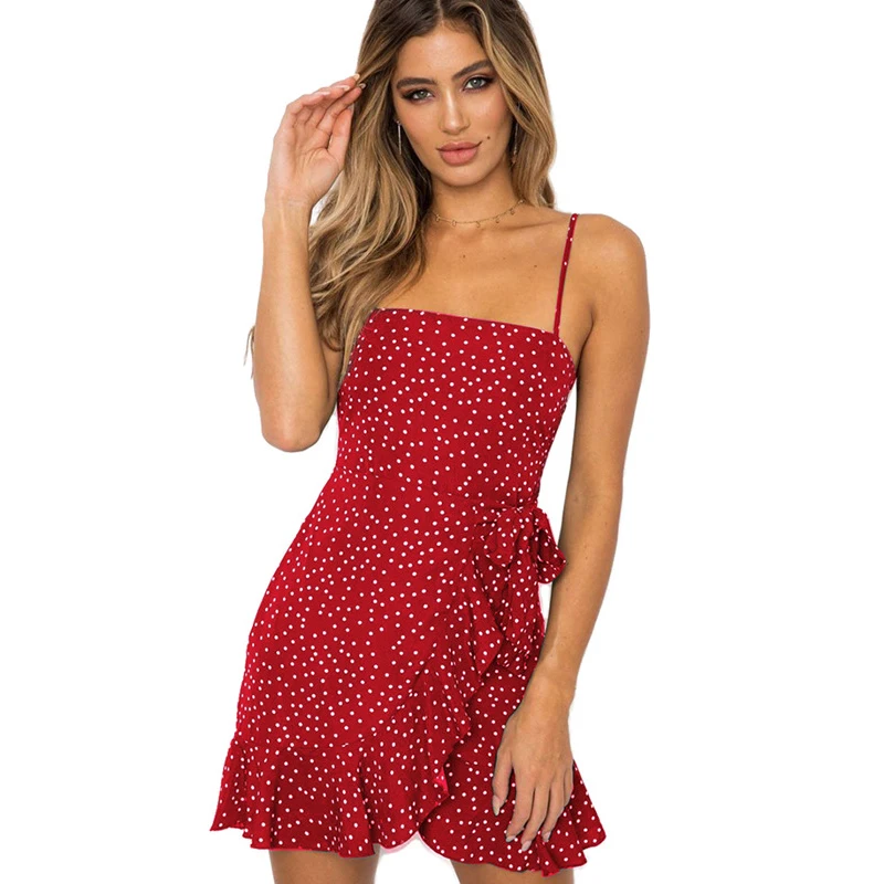 

New Ruffle Detail Self Tie Wrap Slip Mini Dress Women Boho Sleeveless One word Neck Summer Dress Ladies 2019 Slim Beach Dress