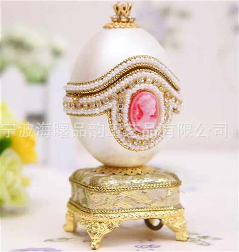 

Valentine's Day Special Gift White Silk Pearl Home Decor Goose Egg Carving Musical Jewelry Box Eggshell Handmade Royal Style