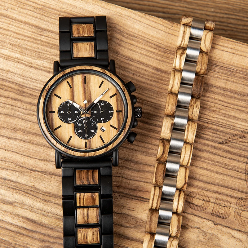 BOBO BIRD Wooden Men Watch and Wood Bracelet Quartz Wristwatches Timepiece Chronograph Luminous Relogio Masculino In Box V-P09