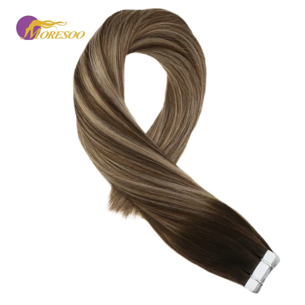 

Moresoo Tape in Hair Extensions Color Brown #3 with #6 Highlight with #16 Real Remy Brazilian Human Hair 2.5g/pcs 25g-100g