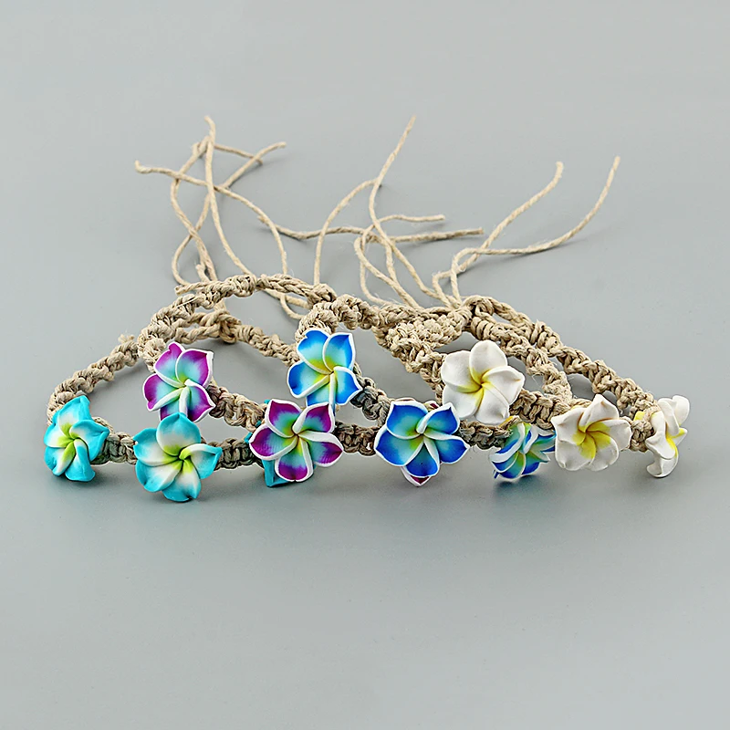 

1pcs Colorful Three Plumeria Flower Fimo Clay Friendship Handmade Waxed Cord Bracelets Surf Beauty Jewellery