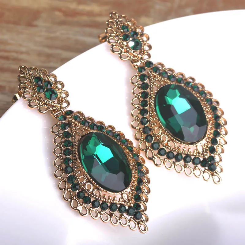 

Blucome Turkish Green Rhinestone Earrings For Women Pendientes Antique Gold-color Vintage Long Pendant Earrings Joyeria Jewelry