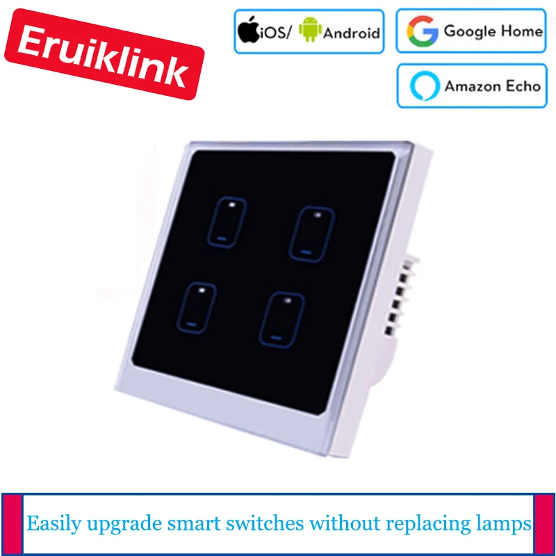 

Ewelink APP Control Wifi Switch EU / UK Standard 4 Gang 1 Way Light Switch Wall Touch Smart Switch via Android/IOS Control