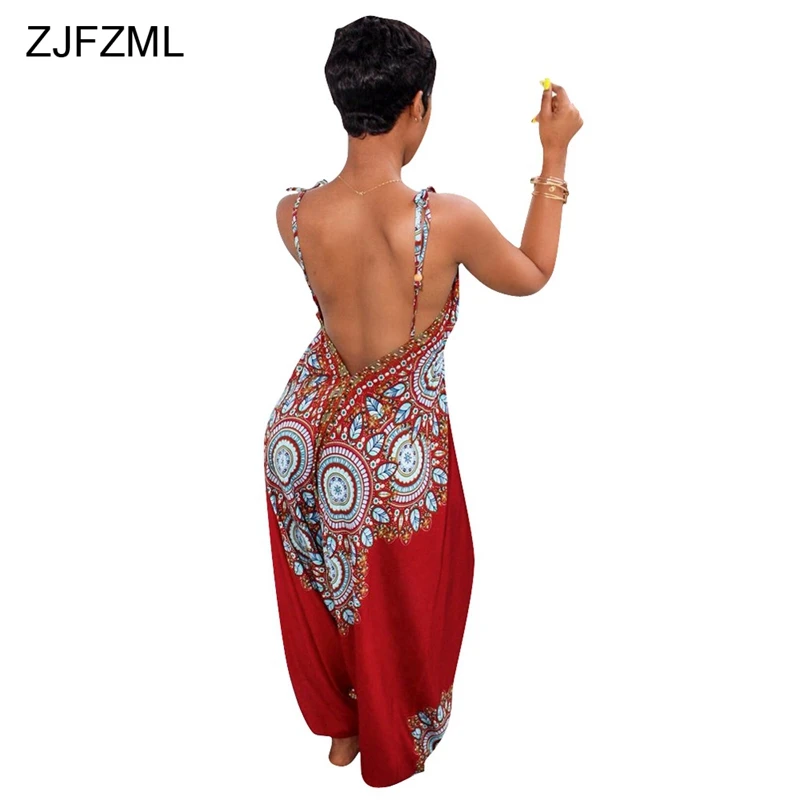ZJFZML African Ethnic Sexy Rompers Womens Jumpsuit Summer V Neck Sleeveless Overalls Casual Loose Backless Print Harem Jumpsuit