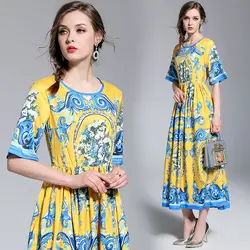 Новый Винтаж Для женщин длинное платье с коротким рукавом принт принять талии светская большой маятник платья Желтый