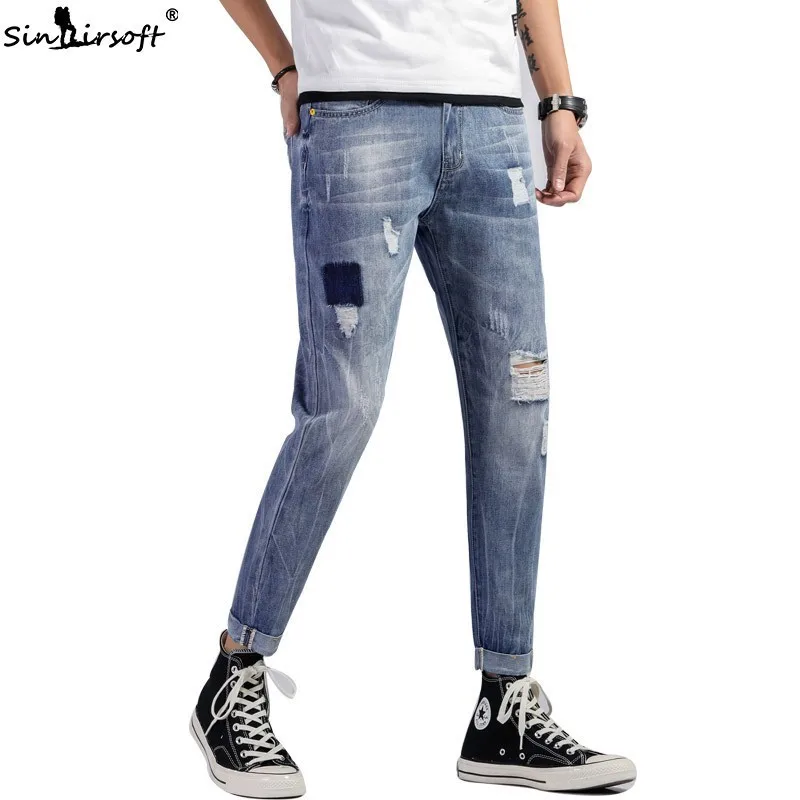 Новые мужские рваные джинсы повседневные джинсы модные ноги девять мужские джинсовые брюки хлопок тонкие прямые узкие брюки Горячие