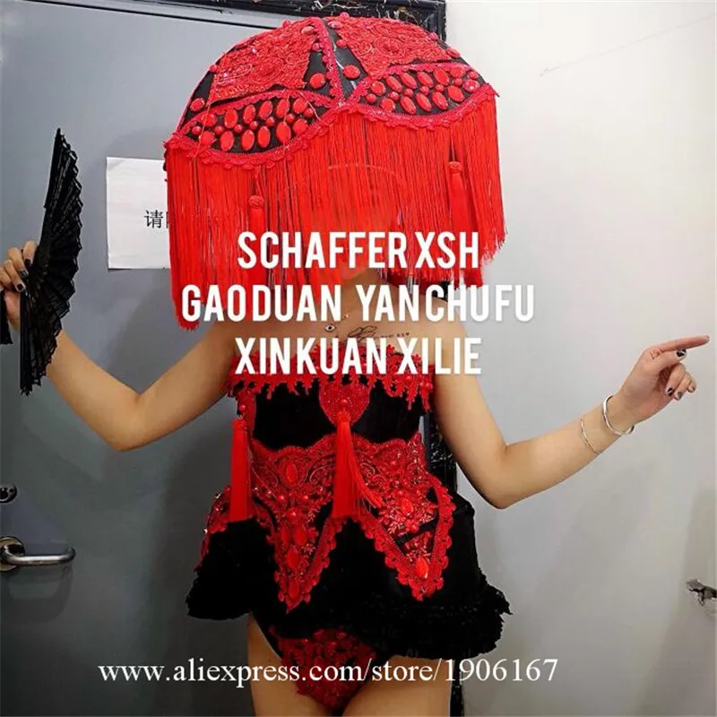 Black red dj dress bar catwalk wears clothe singer performance show outfits skirt gogo dance costumes stage bodysuit disco07