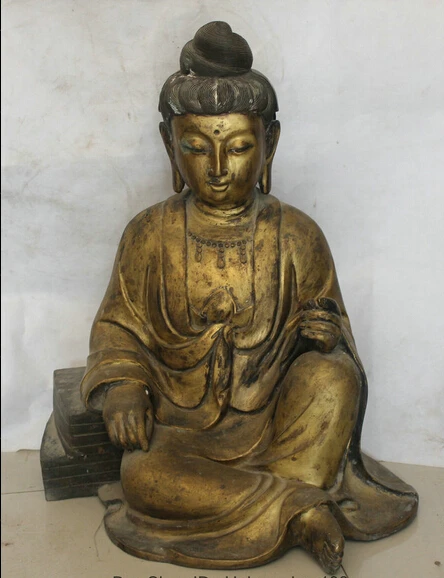 

p6603 23" Chinese Buddhism 24K Bronze Gold Gilt Seat Kwan-yin Guan Yin Goddess Statue