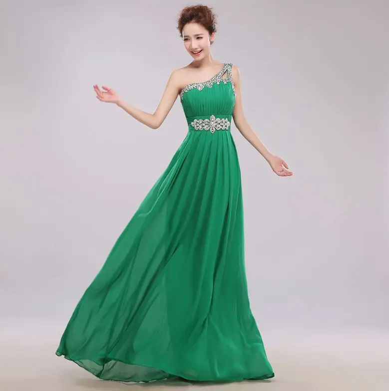 Свадебное платье для гостей шифоновое платье на одно плечо с кристаллами на бретельках мятно-зеленое небесно-голубое фиолетовое изумрудно-Зеленое Длинное платье подружки невесты - Цвет: emerald green
