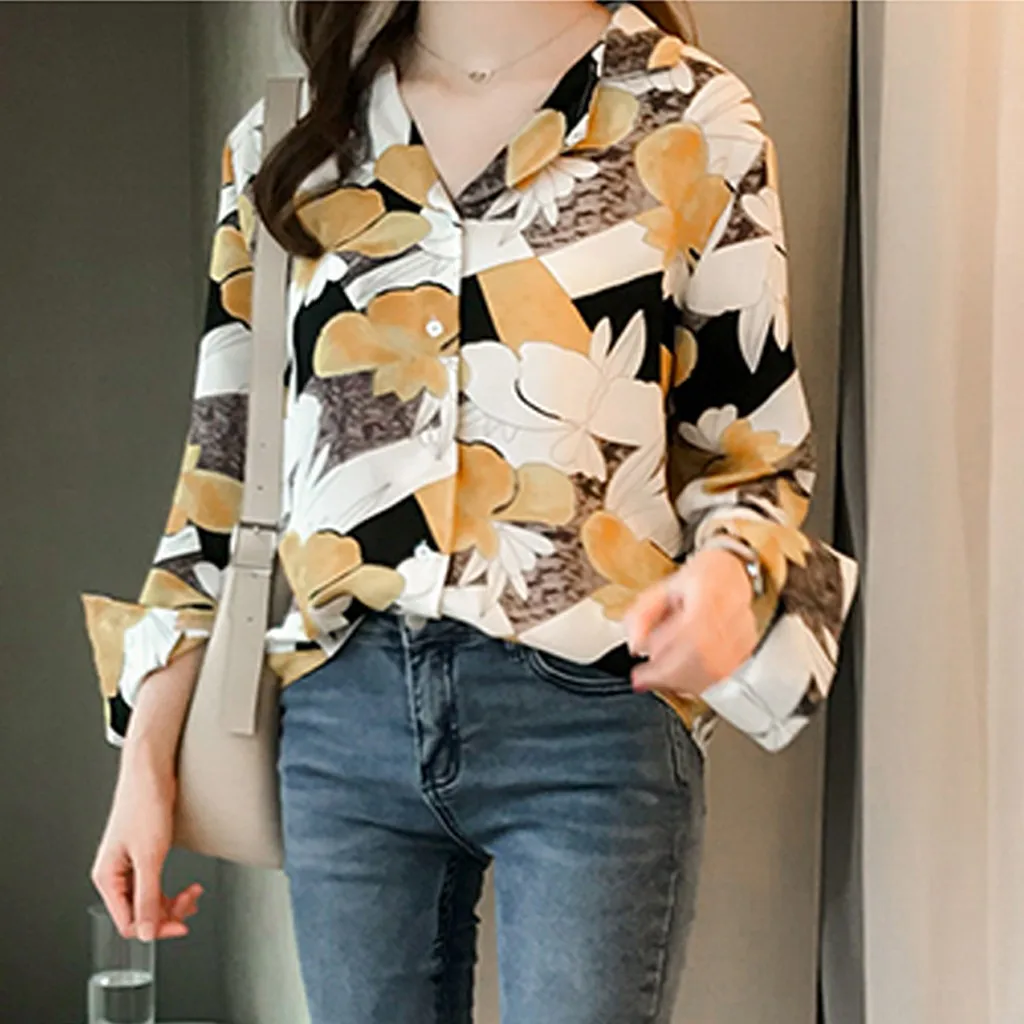 

Blouse Women Blouses Woman 2019 Plus Size M-4XL Tunique Femme Fashion Top Chic Lapel Printing Long Sleeve Loose блузка блузки Z4