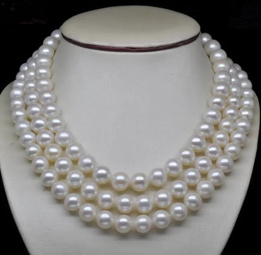 

Noblest Triple Strand AAA 10-11 MM White Pearl Necklace Gold 17'' 18' 19''> jewerly free shipping