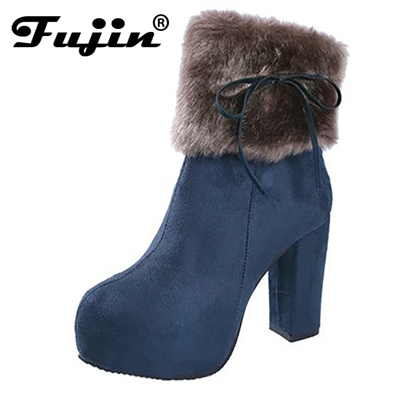 

Fujin 2018 Ankle Boots Women Shoes Winter Zipper Round Toe High Heels 10CM Short Botas for Winter Boots Woman Big Size 35-40