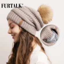 FURTALK Winter Beanie Hat for Women Knitted pompom Hat Velvet Lining slouchy beanie Skullies bonnet Cap Female Korean Red Cap