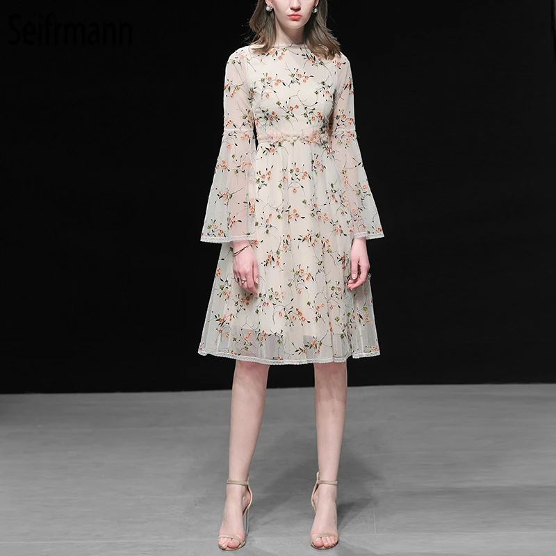 

Seifrmann New Women Spring Summer Dress Runway Fashion Designer Floral Embroidery Mesh Overlay Elegant Vintage Ladies Dresses