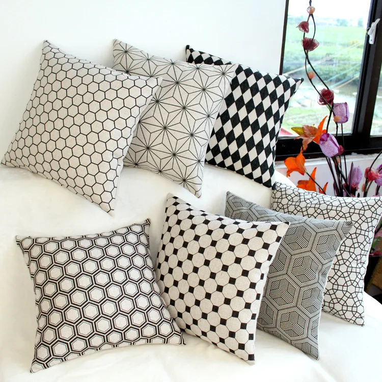 

45X45CM High-quality Black and white plaid striped Linen pillow simple pattern sofa cushion car and home decorations