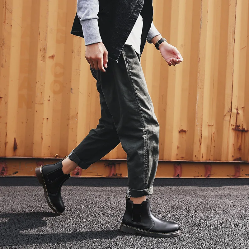 

PINSV 2018 Autumn Men Chelsea Boots British Style Leather Men Ankle Boots Quality Slip-On Men Outdoor Casual Shoes