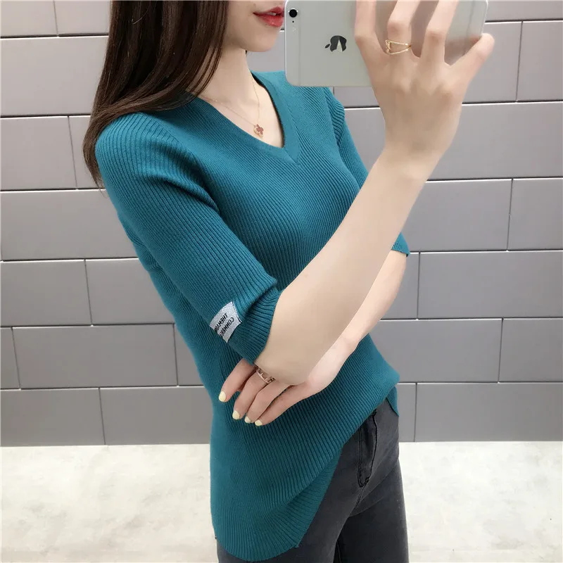 Summer 2019 Women New V-neck Sweaters Half Sleeve Slim Thin Pullovers Top Female Knitted Sweater 8 Colors | Женская одежда