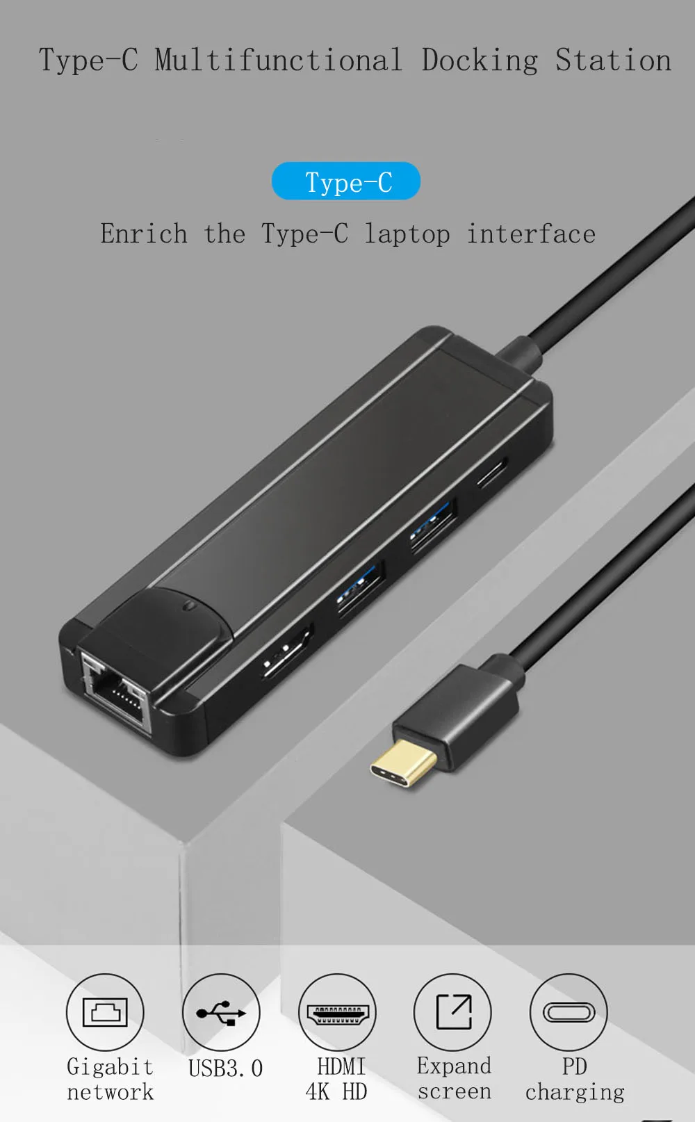 Док-станция Fealushon type C-HDMI USB3.0 RJ45 Gigabit PD Hub для ноутбука Macbook Pro hp DELL Surface lenovo samsung Dock