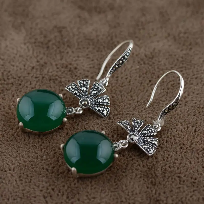 

S925 pure silver inlay green earrings chalcedony circular atmospheric style antique female model