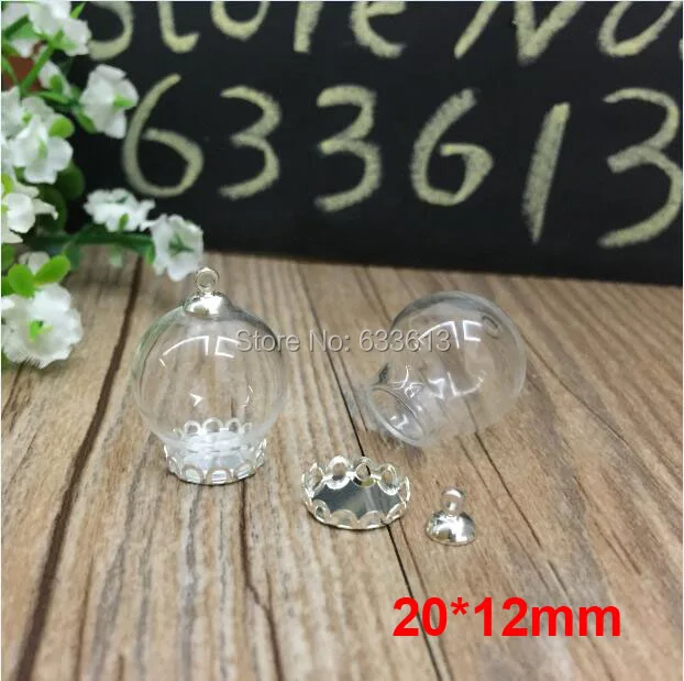 

Freeshipping Charm pendants 20*12mm Glass bubble & silver lace base& 6mm cap& 70cm necklace Set DIY glass globes vials pendant