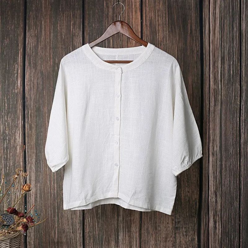 

ORIGOODS Solid Red White Shirt Blouse Women Linen Loose Casual Original design Summer Shirt Vintage Women Tops and Blouses C167