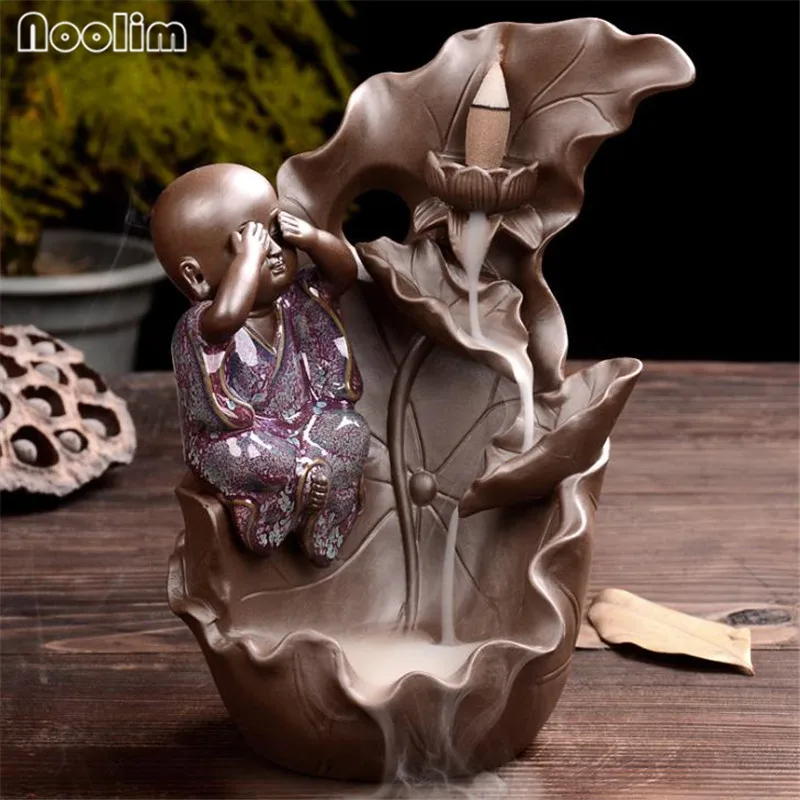 

Mountain Waterfall Ceramic Monk Backflow Incense Burner Zen Buddhist Lotus Smoke Backflow Incense Holder Home Decor Ornament
