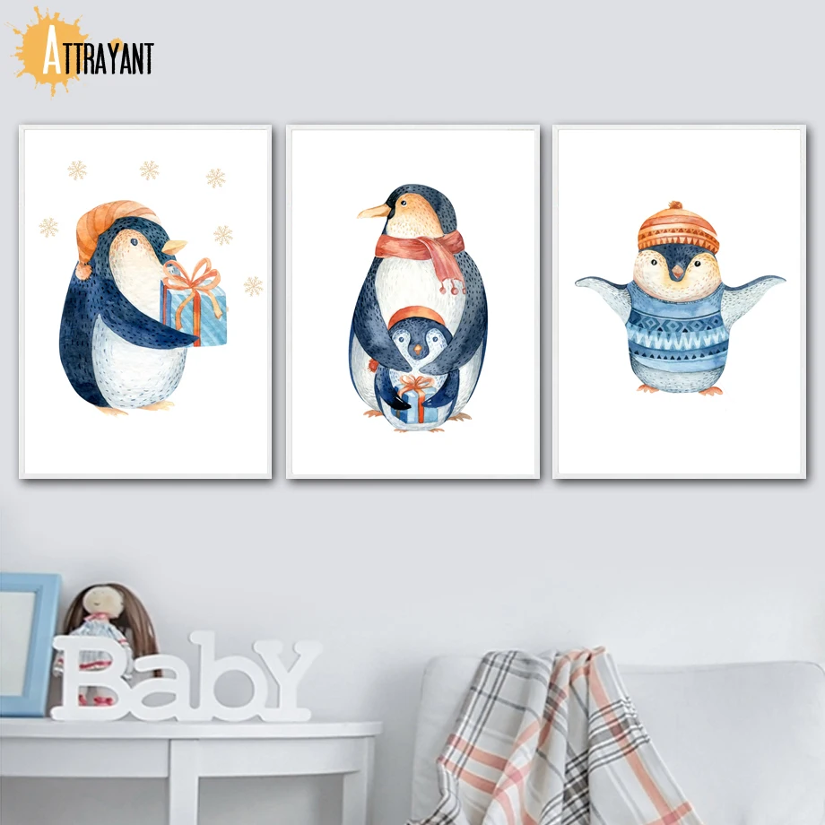 

Watercolor Cartoon Penguin Snowflake Gift Wall Art Print Canvas Painting Nordic Posters And Prints Wall Pictures Baby Kids Room